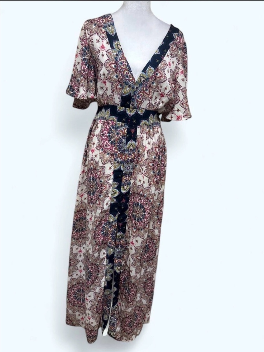 Altar'd State Cream Maxi Dress with Navy and Pink Paisley Print
